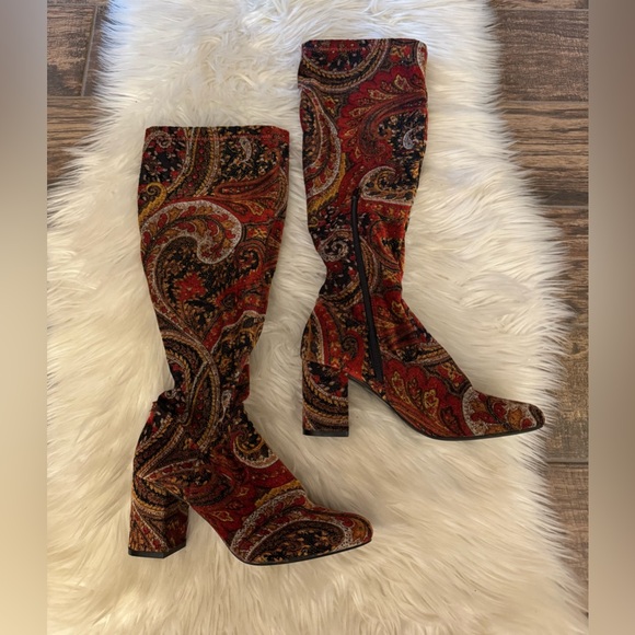 Diba Shoes - Diba 8M Red Metallic Paisley Fabric Velvet Knee High Designer Boots Y2K